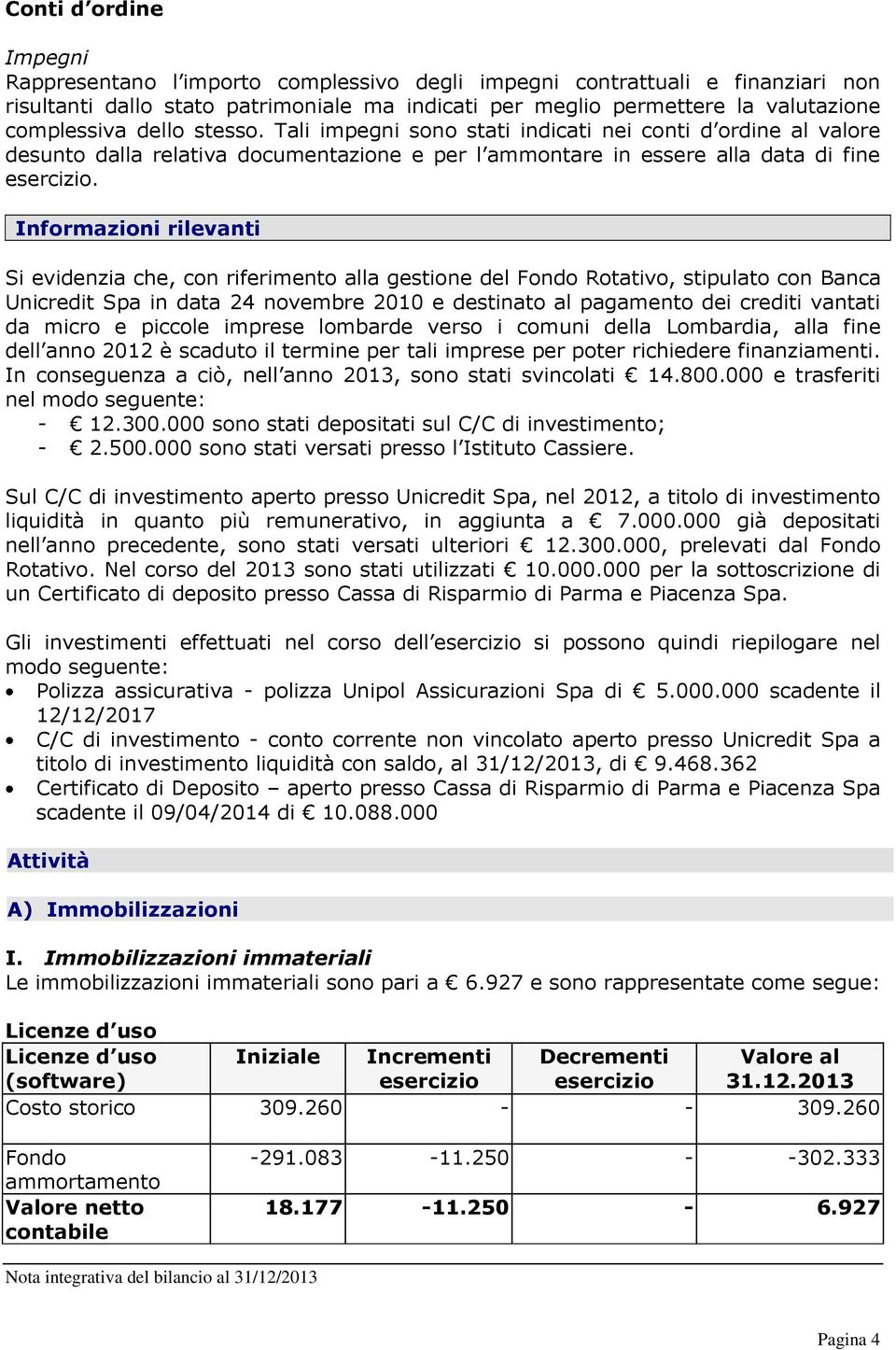 Informazioni rilevanti Si evidenzia che, con riferimento alla gestione del Fondo Rotativo, stipulato con Banca Unicredit Spa in data 24 novembre 2010 e destinato al pagamento dei crediti vantati da