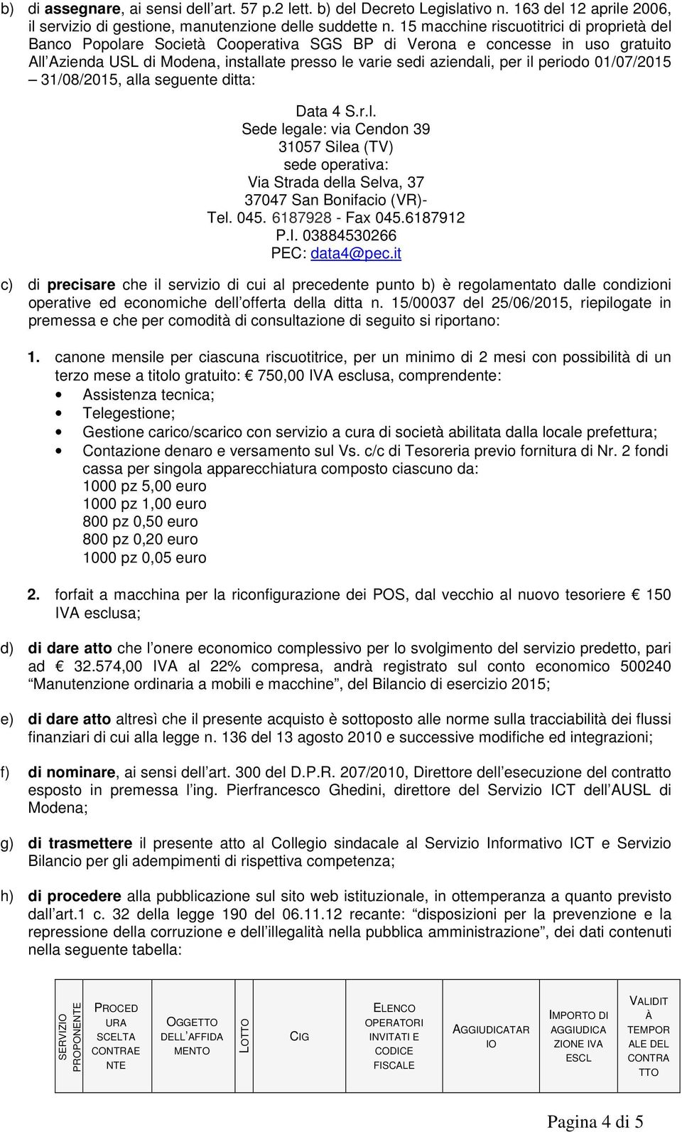 01/07/2015 31/08/2015, alla seguente ditta: Data 4 S.r.l. Sede legale: via Cendn 39 31057 Silea (TV) sede perativa: Via Strada della Selva, 37 37047 San Bnifaci (VR)- Tel. 045. 6187928 - Fax 045.