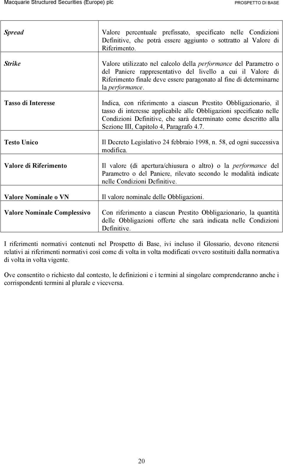 Valore utilizzato nel calcolo della performance del Parametro o del Paniere rappresentativo del livello a cui il Valore di Riferimento finale deve essere paragonato al fine di determinarne la