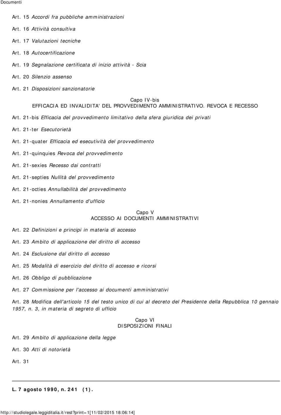 21-bis Efficacia del provvedimento limitativo della sfera giuridica dei privati Art. 21-ter Esecutorietà Art. 21-quater Efficacia ed esecutività del provvedimento Art.