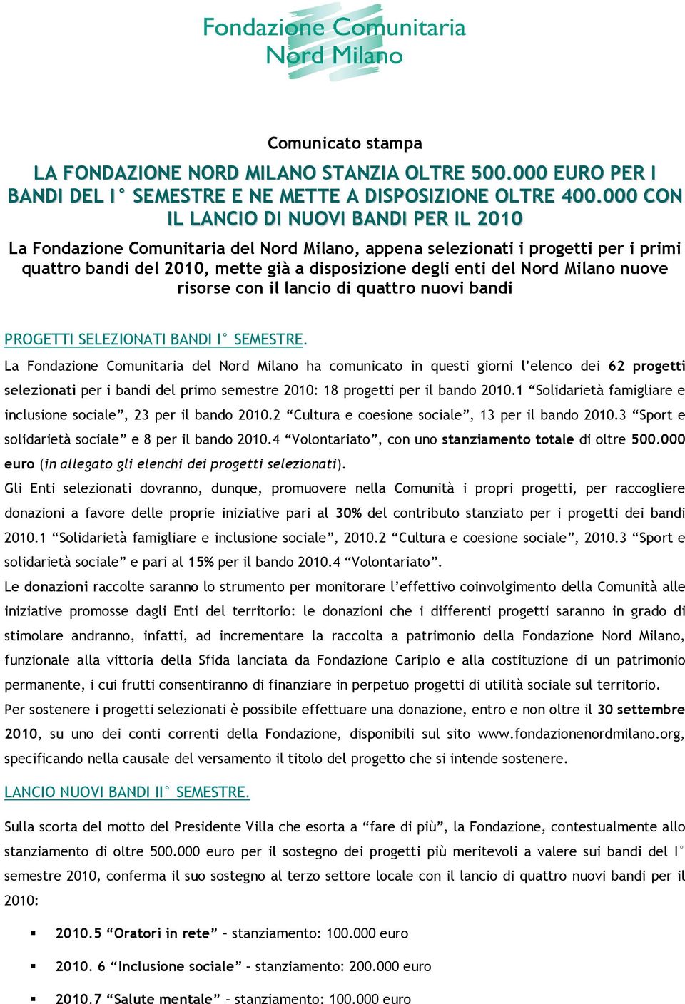 Milano nuove risorse con il lancio di quattro nuovi bandi PROGETTI SELEZIONATI BANDI I SEMESTRE.