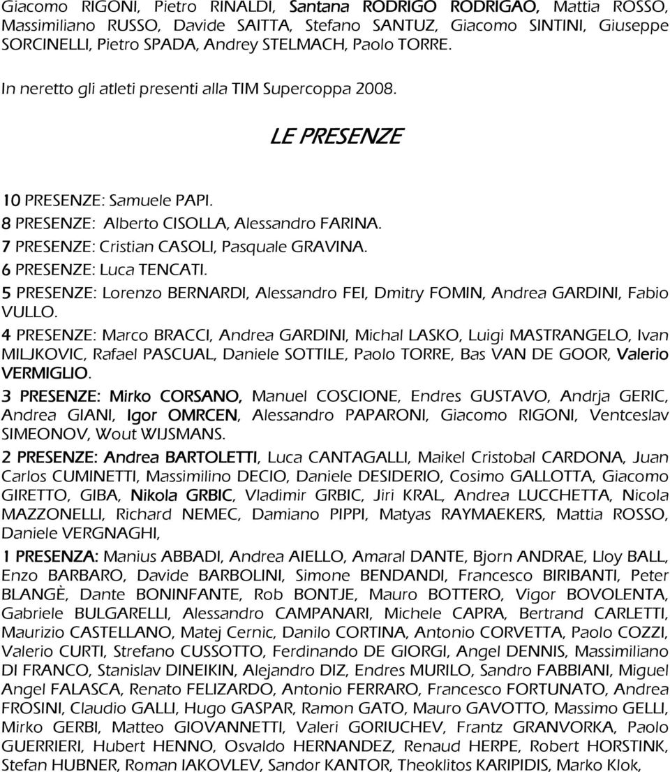 6 PRESENZE: Luca TENCATI. 5 PRESENZE: Lorenzo BERNARDI, Alessandro FEI, Dmitry FOMIN, Andrea GARDINI, Fabio VULLO.
