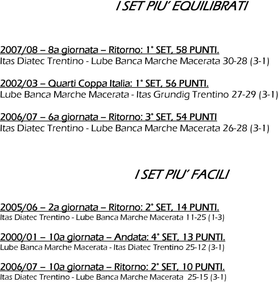 Lube Banca Marche Macerata - Itas Grundig Trentino 27-29 (3-1) 2006/07 6a giornata Ritorno: 3 SET, 54 PUNTI Itas Diatec Trentino - Lube Banca Marche Macerata 26-28 (3-1) I