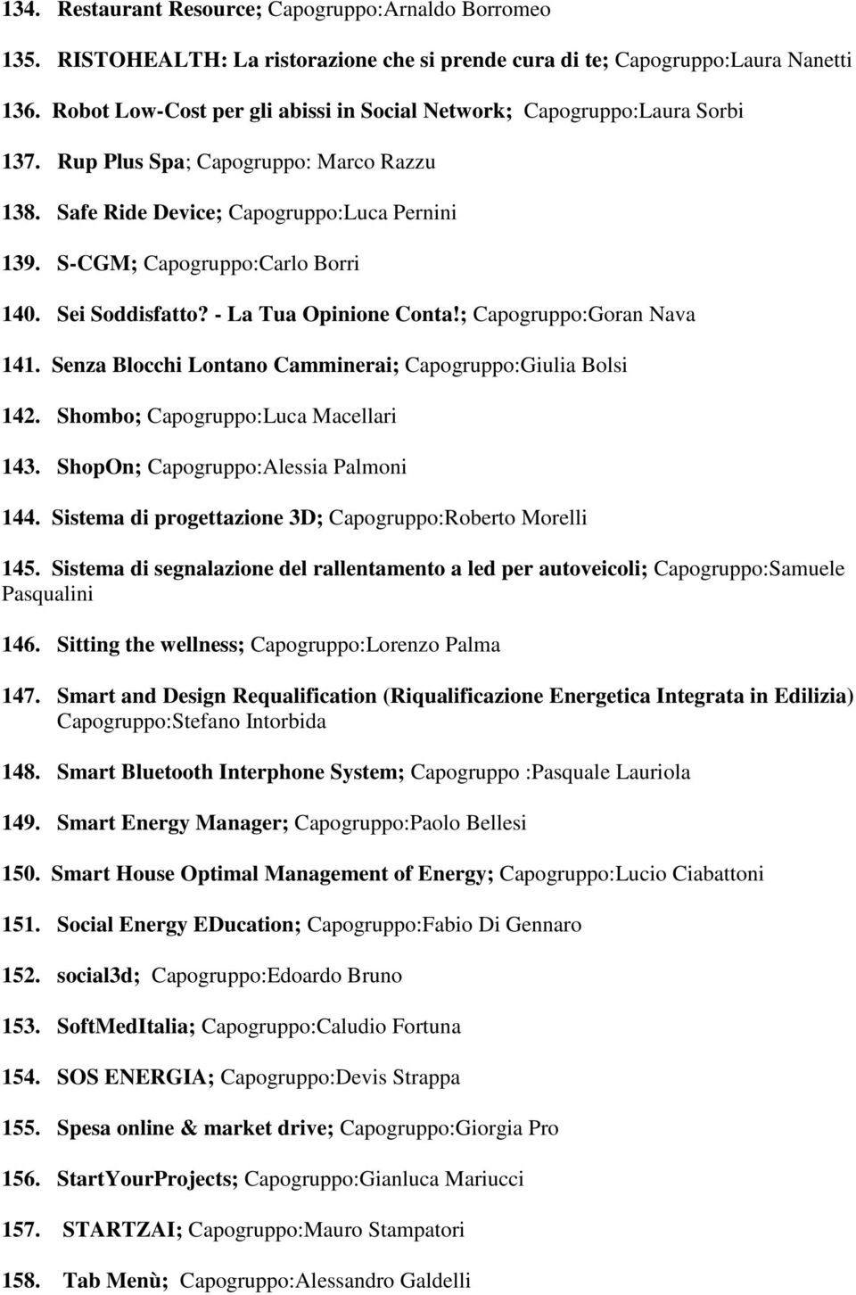 S-CGM; Capogruppo:Carlo Borri 140. Sei Soddisfatto? - La Tua Opinione Conta!; Capogruppo:Goran Nava 141. Senza Blocchi Lontano Camminerai; Capogruppo:Giulia Bolsi 142.