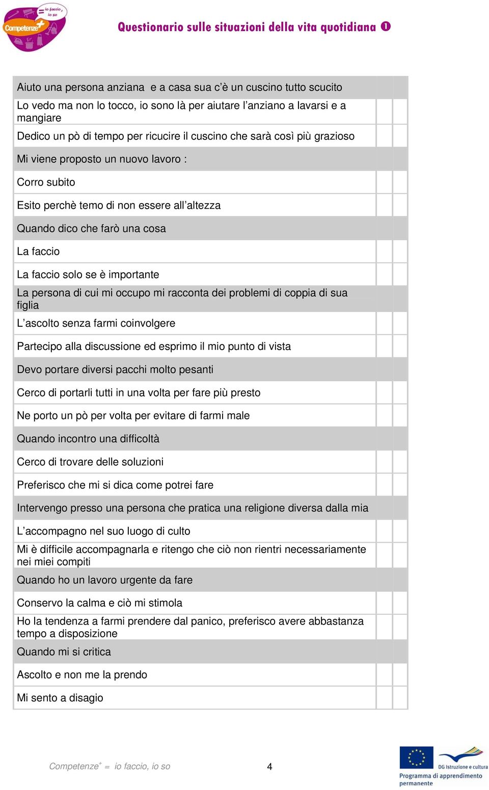 di cui mi occupo mi racconta dei problemi di coppia di sua figlia L ascolto senza farmi coinvolgere Partecipo alla discussione ed esprimo il mio punto di vista Devo portare diversi pacchi molto