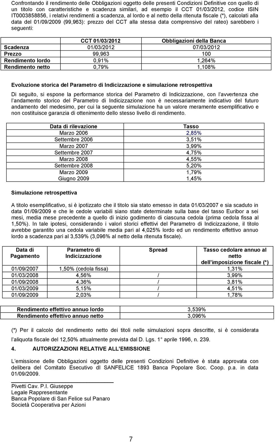 sarebbero i seguenti: CCT 01/03/2012 Obbligazioni della Banca Scadenza 01/03/2012 07/03/2012 Prezzo 99,963 100 Rendimento lordo 0,91% 1,264% Rendimento netto 0,79% 1,108% Evoluzione storica del