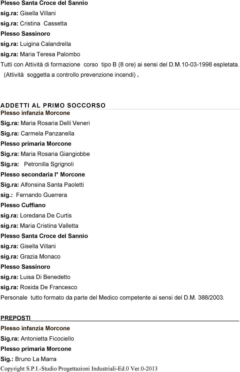 ADDETTI AL PRIMO SOCCORSO Plesso infanzia Morcone Sig.ra: Maria Rosaria Delli Veneri Sig.ra: Carmela Panzanella Plesso primaria Morcone Sig.ra: Maria Rosaria Giangiobbe Sig.