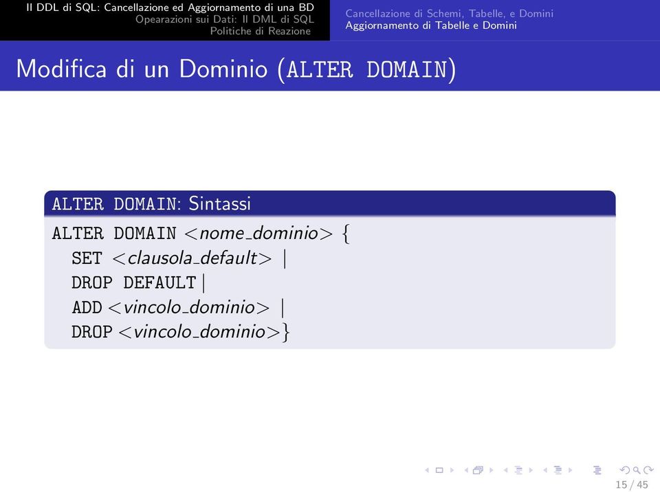 DOMAIN: Sintassi ALTER DOMAIN <nome dominio> { SET <clausola