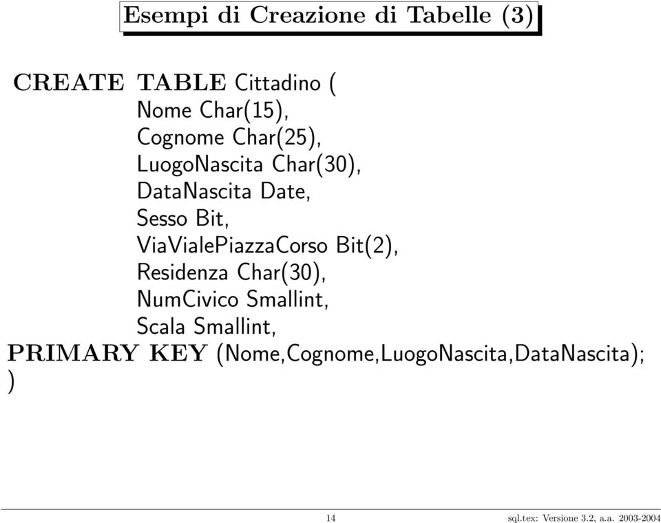 ViaVialePiazzaCorso Bit(2), Residenza Char(30), NumCivico Smallint, Scala