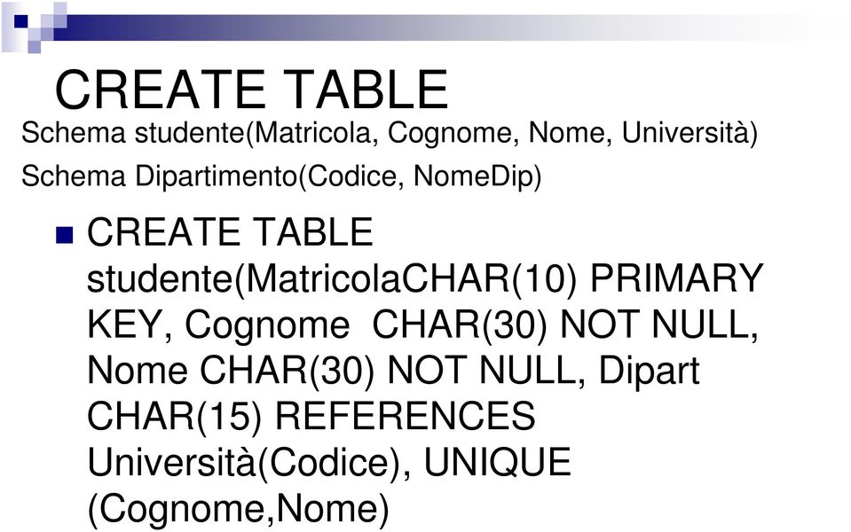 studente(matricolachar(10) PRIMARY KEY, Cognome CHAR(30) NOT NULL,