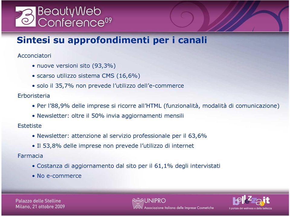 Newsletter: oltre il 50% invia aggiornamenti mensili Estetiste Newsletter: attenzione al servizio professionale per il 63,6% Il 53,8%