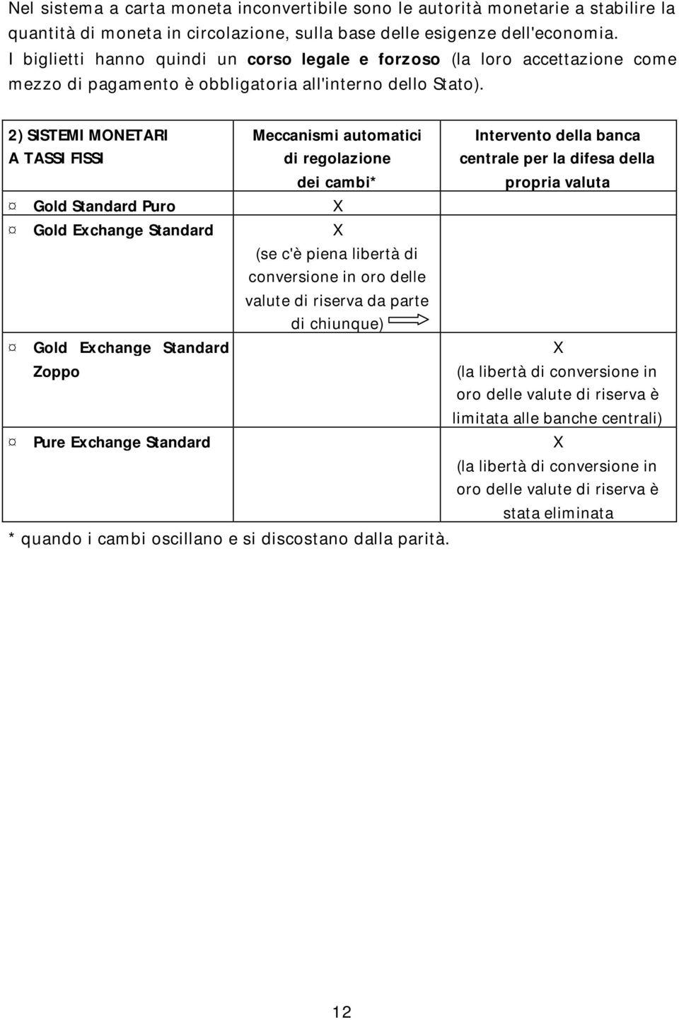 2) SISTEMI MONETARI A TASSI FISSI Meccanismi automatici di regolazione dei cambi* Intervento della banca centrale per la difesa della propria valuta Gold Standard Puro X Gold Exchange Standard X (se