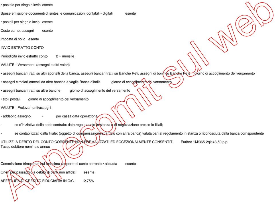 Rete assegni circolari emessi da altre banche e vaglia Banca d'italia assegni bancari tratti su altre banche titoli postali VALUTE - Prelevamenti/assegni giorno di accoglimento del versamento