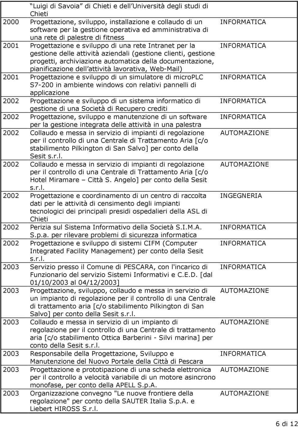 pianificazione dell attività lavorativa, Web-Mail) 2001 Progettazione e sviluppo di un simulatore di microplc S7-200 in ambiente windows con relativi pannelli di applicazione 2002 Progettazione e