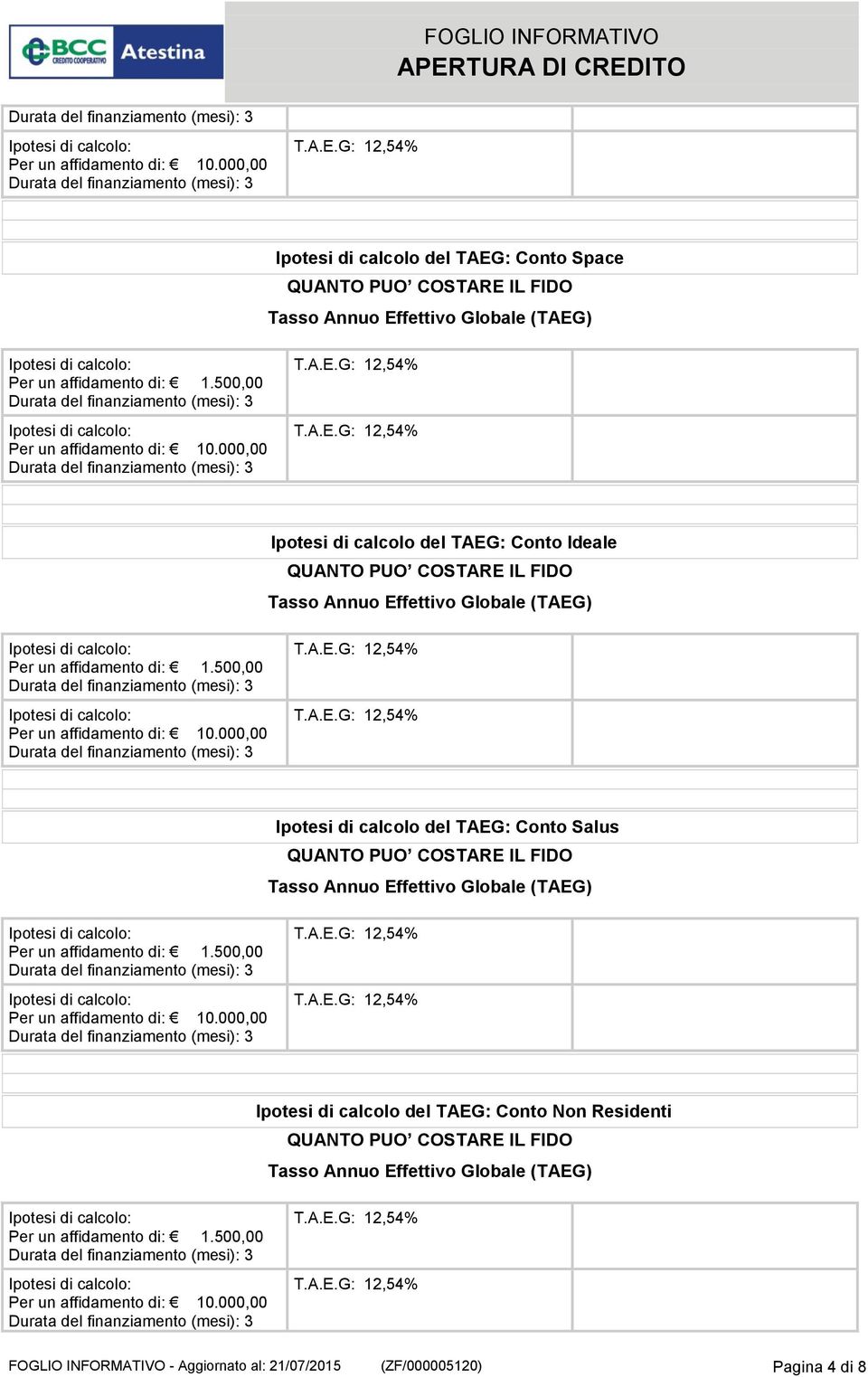 Salus Ipotesi di calcolo del TAEG: Conto Non Residenti FOGLIO