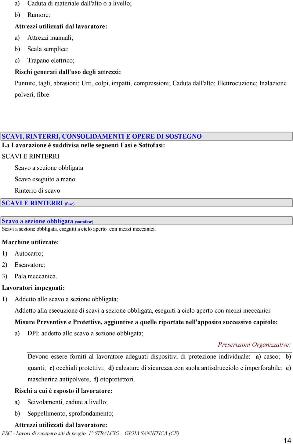 SCAVI, RINTERRI, CONSOLIDAMENTI E OPERE DI SOSTEGNO La Lavorazione è suddivisa nelle seguenti Fasi e Sottofasi: SCAVI E RINTERRI Scavo a sezione obbligata Scavo eseguito a mano Rinterro di scavo