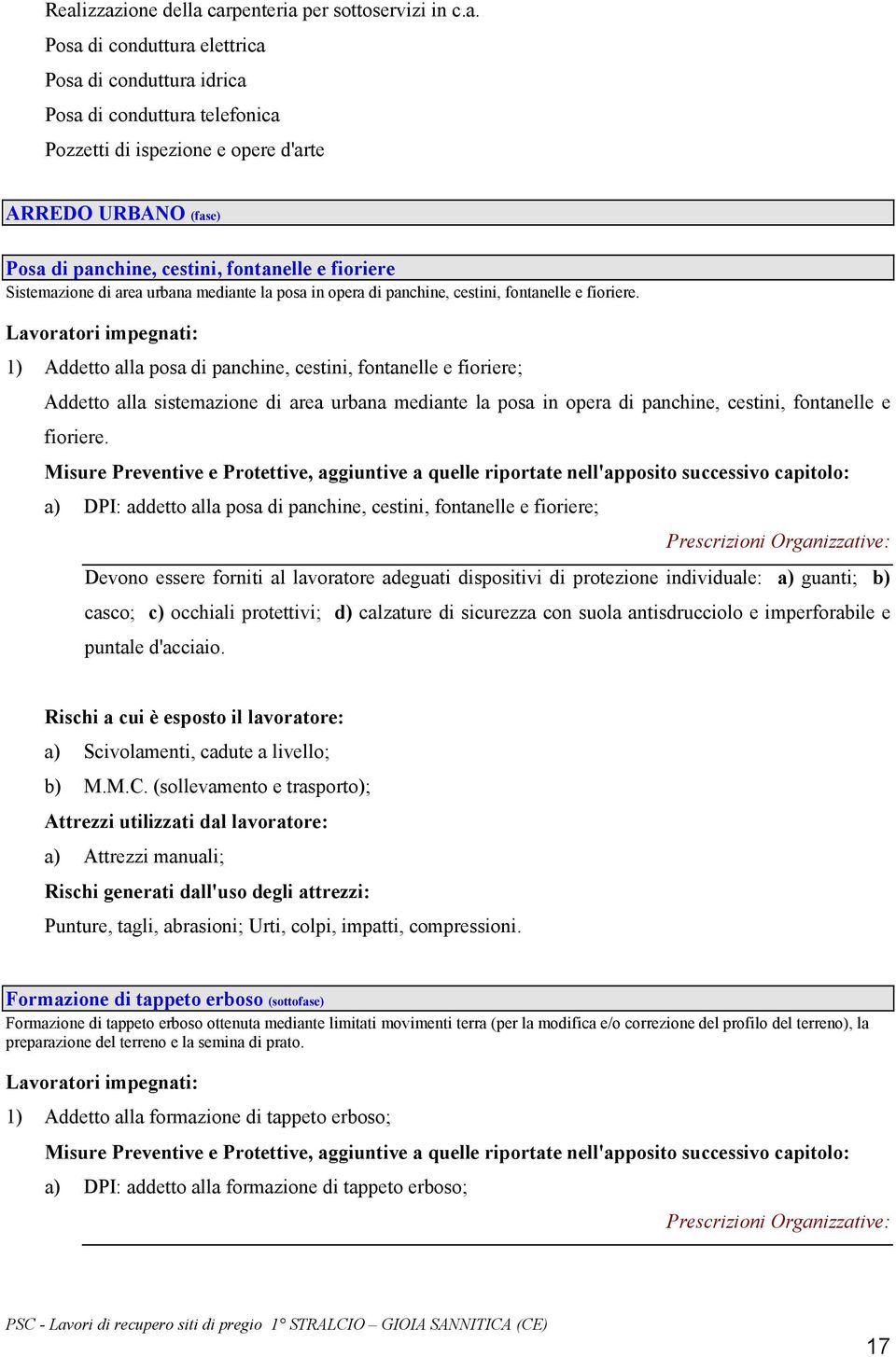 Lavoratori impegnati: 1) Addetto alla posa di panchine, cestini, fontanelle e fioriere; Addetto alla sistemazione di area urbana mediante la posa in opera di panchine, cestini, fontanelle e fioriere.