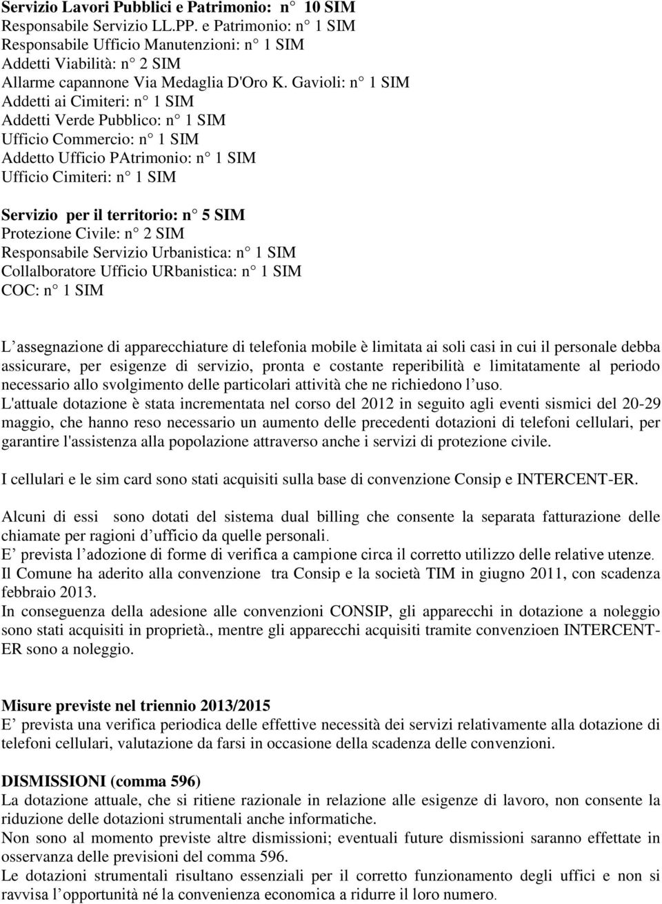 Gavioli: n 1 SIM Addetti ai Cimiteri: n 1 SIM Addetti Verde Pubblico: n 1 SIM Ufficio Commercio: n 1 SIM Addetto Ufficio PAtrimonio: n 1 SIM Ufficio Cimiteri: n 1 SIM Servizio per il territorio: n 5