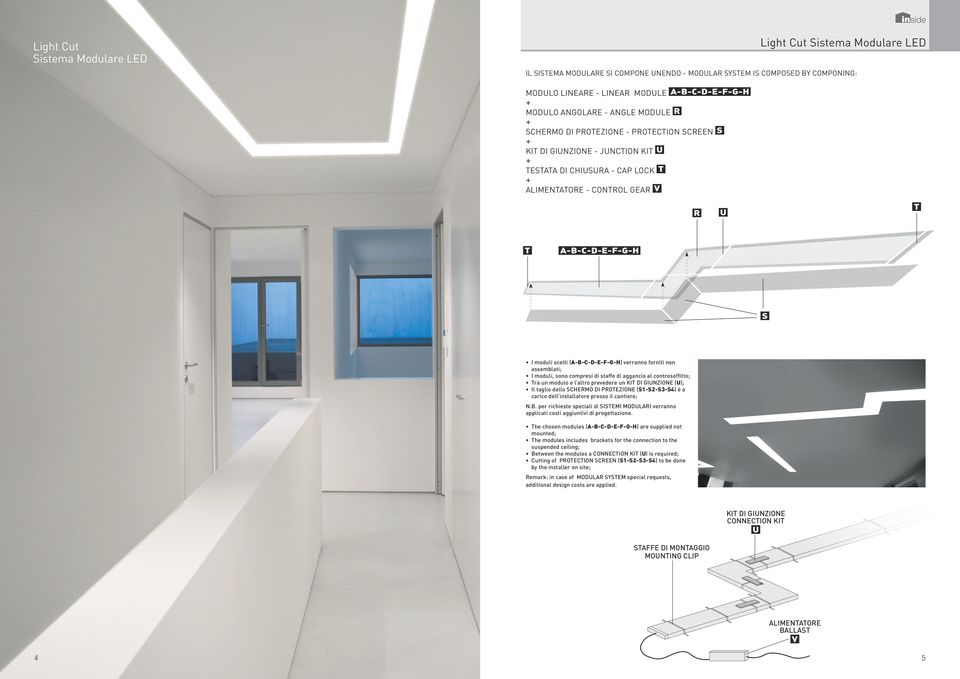 assemblati; I moduli, sono compresi di staffe di aggancio al controsoffitto; ra un modulo e l altro prevedere un KI DI GINZIONE (); Il taglio dello SCHEMO DI POEZIONE (S1-S2-S3-S4) è a carico dell