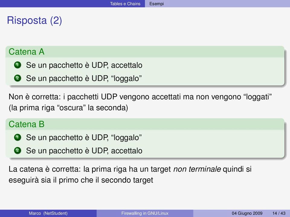 pacchetto è UDP, loggalo 2 Se un pacchetto è UDP, accettalo La catena è corretta: la prima riga ha un target non