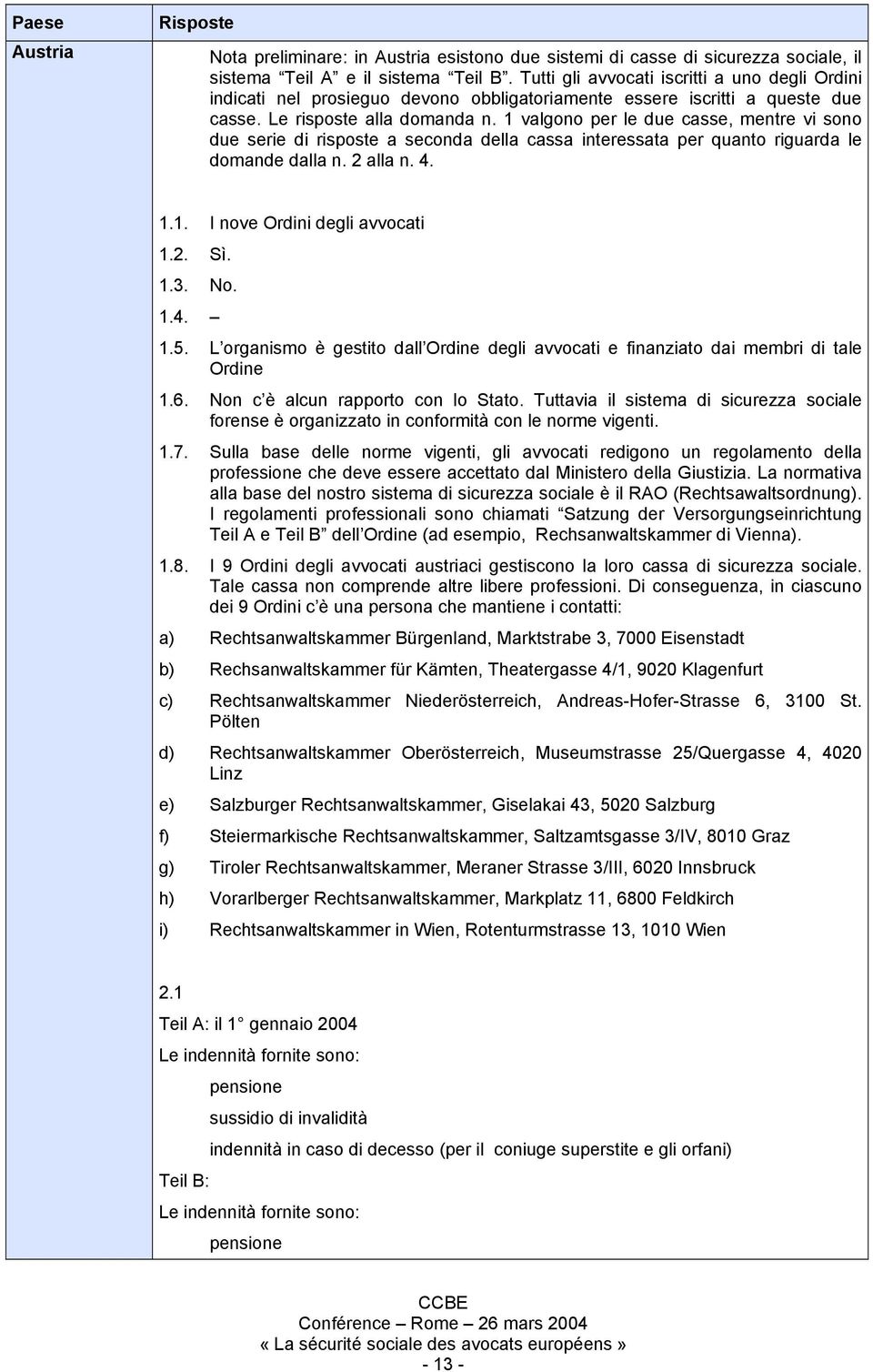 1 valgono per le due casse, mentre vi sono due serie di risposte a seconda della cassa interessata per quanto riguarda le domande dalla n. 2 alla n. 4. 1.1. I nove Ordini degli avvocati 1.2. Sì. 1.3.