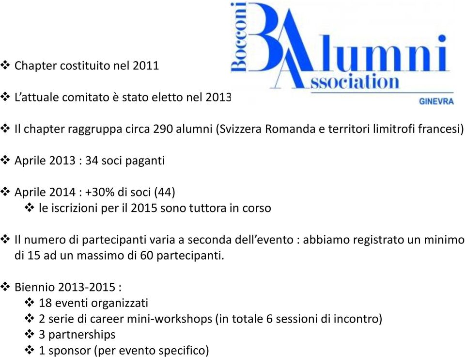 corso Il numero di partecipanti varia a seconda dell evento : abbiamo registrato un minimo di 15 ad un massimo di 60 partecipanti.