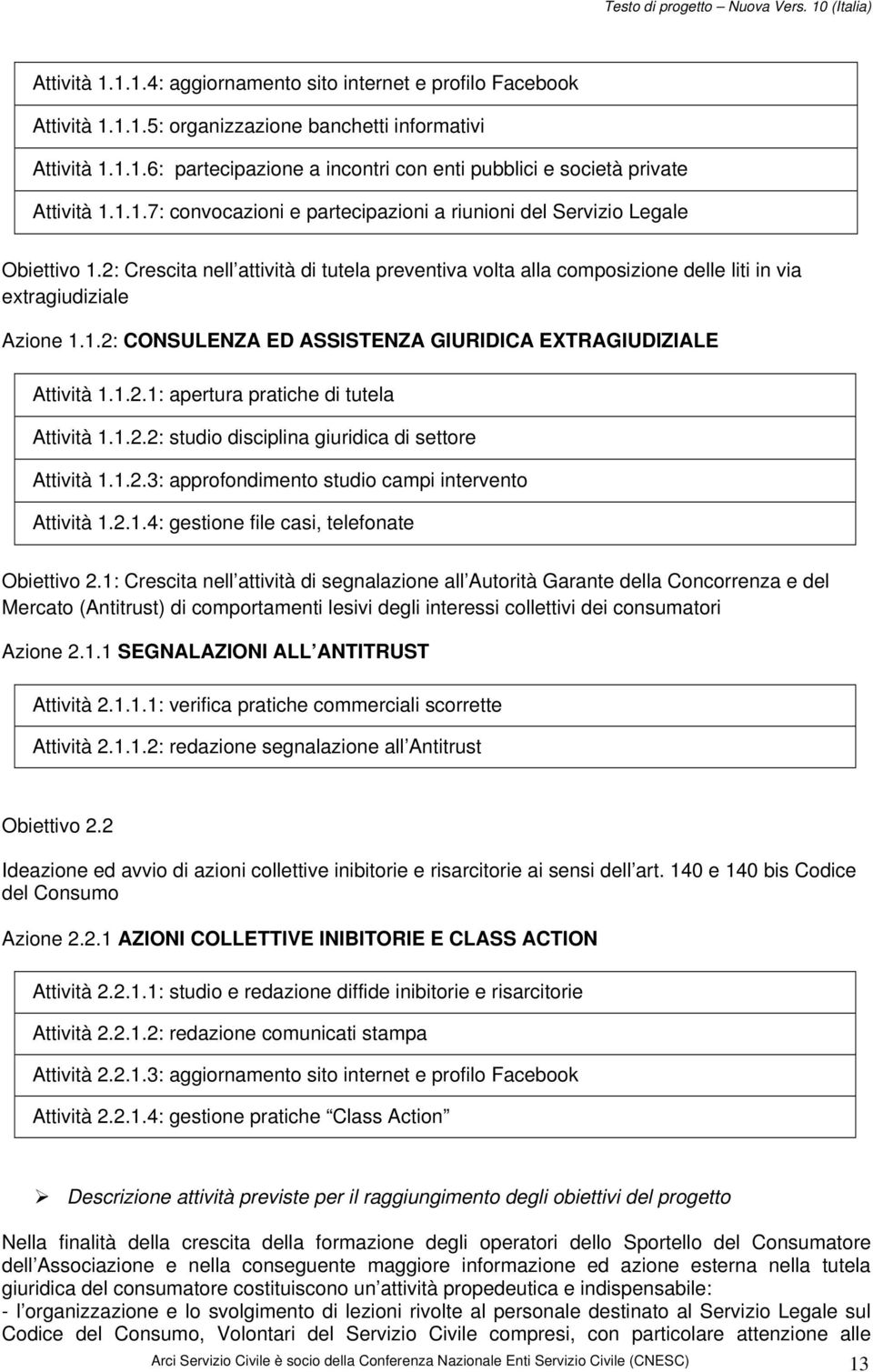 1.2.1: apertura pratiche di tutela Attività 1.1.2.2: studio disciplina giuridica di settore Attività 1.1.2.3: approfondimento studio campi intervento Attività 1.2.1.4: gestione file casi, telefonate Obiettivo 2.