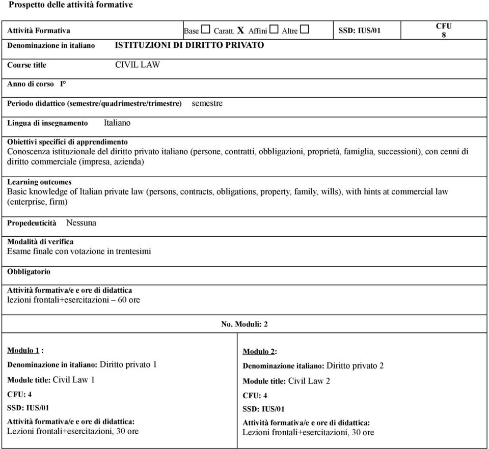 proprietà, famiglia, successioni), con cenni di diritto commerciale (impresa, azienda) Basic knowledge of Italian private law (persons, contracts, obligations, property, family, wills),