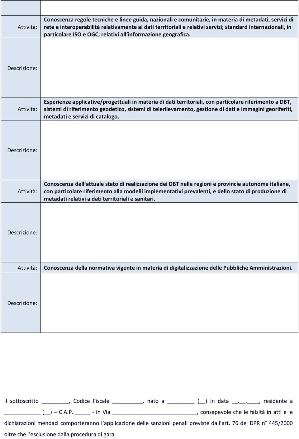 : Attività: Esperienze applicative/progettuali in materia di dati territoriali, con particolare riferimento a DBT, sistemi di riferimento geodetico, sistemi di telerilevamento, gestione di dati e