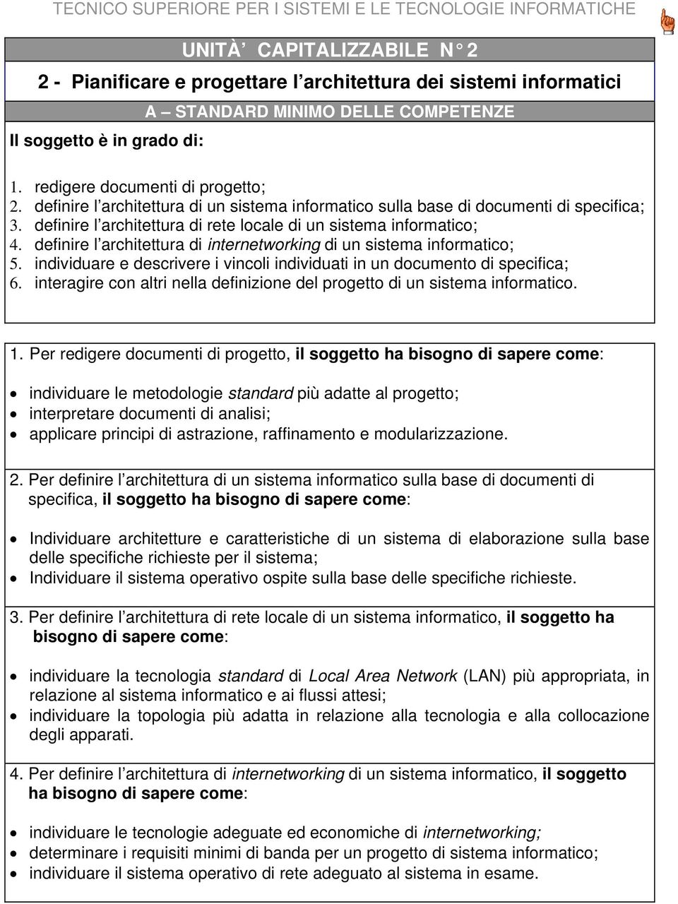 definire l architettura di internetworking di un sistema informatico; 5. individuare e descrivere i vincoli individuati in un documento di specifica; 6.