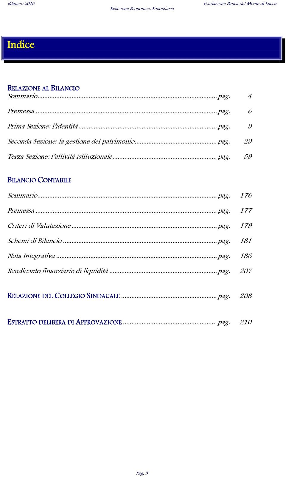 .. pag. 59 BILANCIO CONTABILE Sommario... pag. 176 Premessa... pag. 177 Criteri di Valutazione... pag. 179 Schemi di Bilancio... pag. 181 Nota Integrativa.