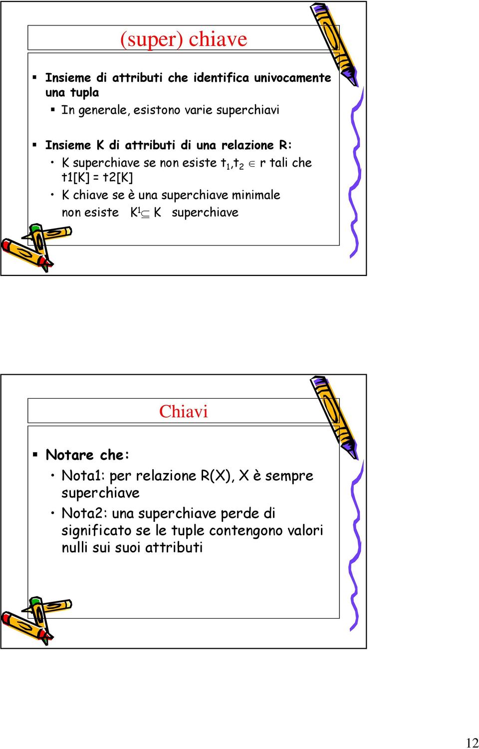 se è una superchiave minimale non esiste K 1 K superchiave Chiavi Notare che: Nota1: per relazione R(X), X è