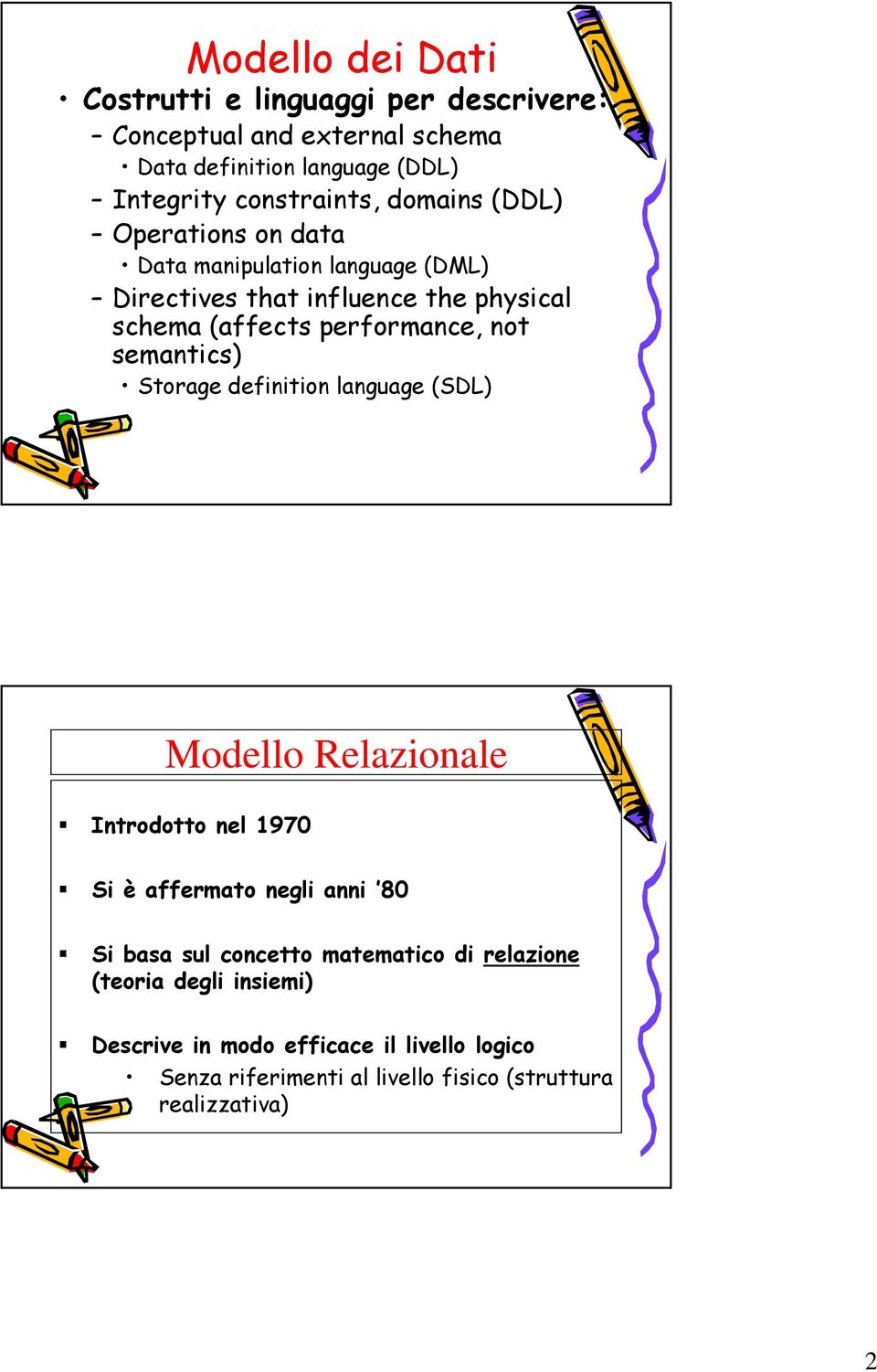 semantics) Storage definition language (SDL) Modello Relazionale Introdotto nel 1970 Si è affermato negli anni 80 Si basa sul concetto