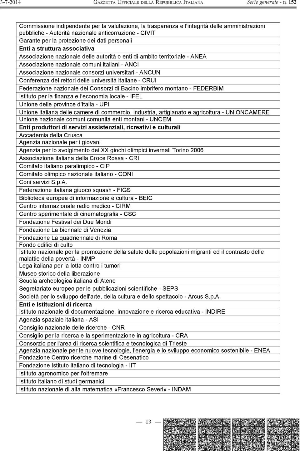 Conferenza dei rettori delle università italiane - CRUI Federazione nazionale dei Consorzi di Bacino imbrifero montano - FEDERBIM Istituto per la finanza e l'economia locale - IFEL Unione delle