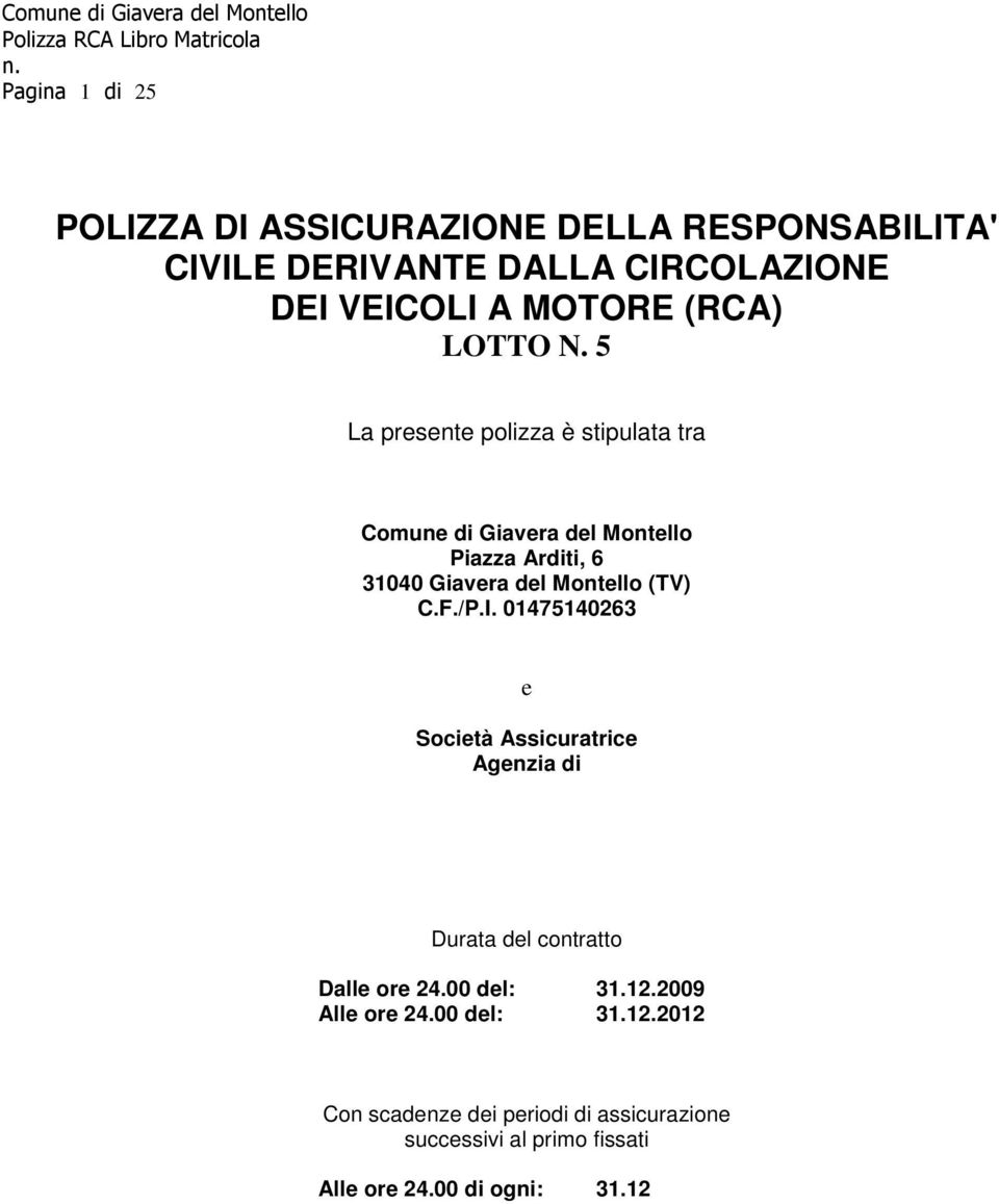 C.F./P.I. 01475140263 e Società Assicuratrice Agenzia di Durata del contratto Dalle ore 24.00 del: 31.12.