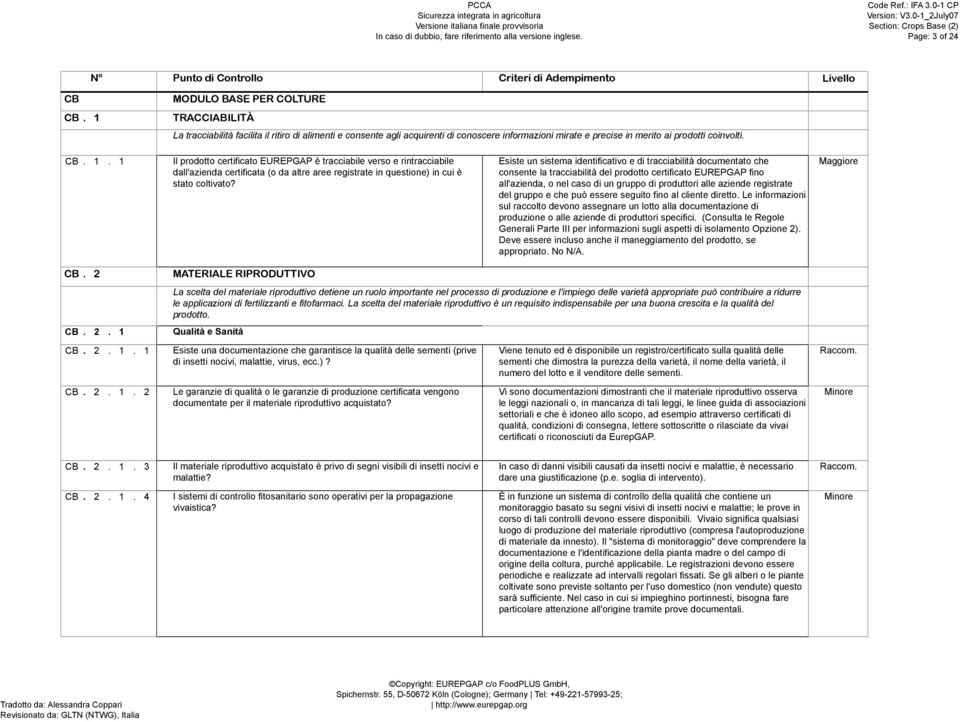 1 Il prodotto certificato EUREPGAP è tracciabile verso e rintracciabile dall'azienda certificata (o da altre aree registrate in questione) in cui è stato coltivato?