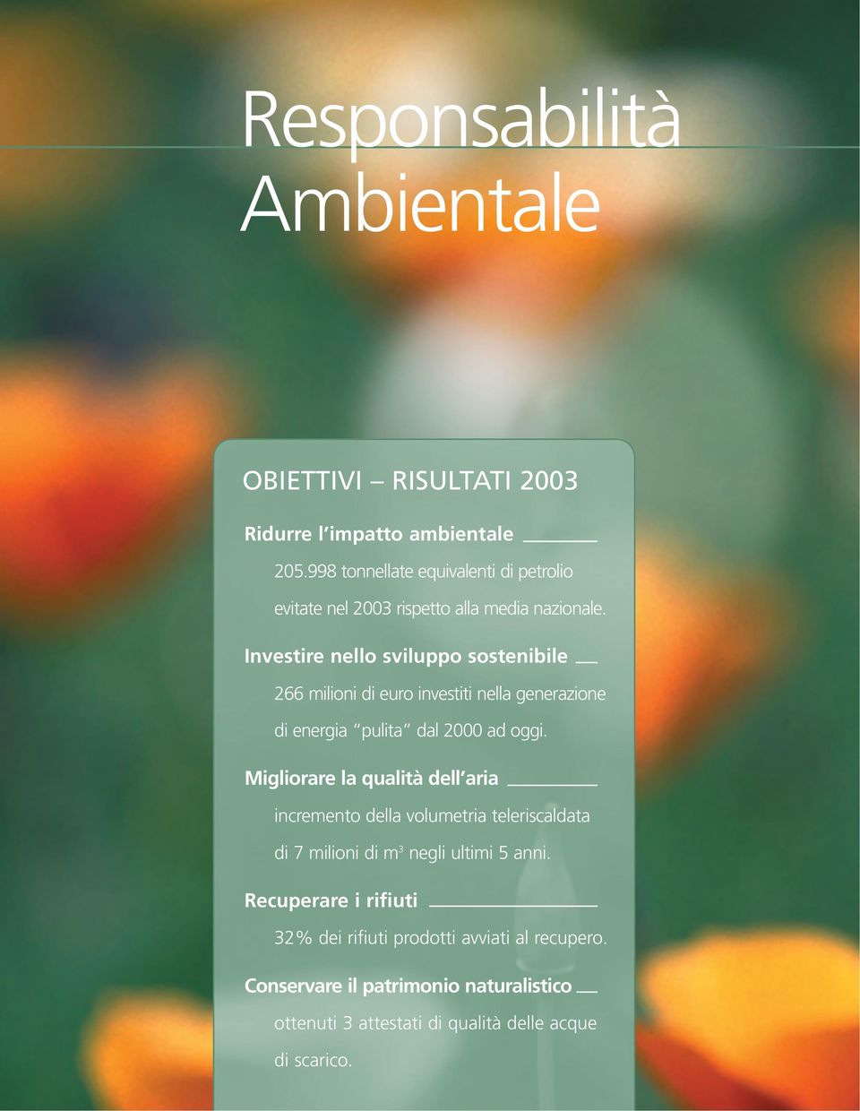 Investire nello sviluppo sostenibile 266 milioni di euro investiti nella generazione di energia pulita dal 2000 ad oggi.