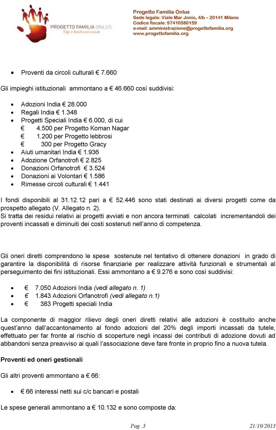 586 Rimesse circoli culturali 1.441 I fondi disponibili al 31.12.12 pari a 52.446 sono stati destinati ai diversi progetti come da prospetto allegato (V. Allegato n. 2).