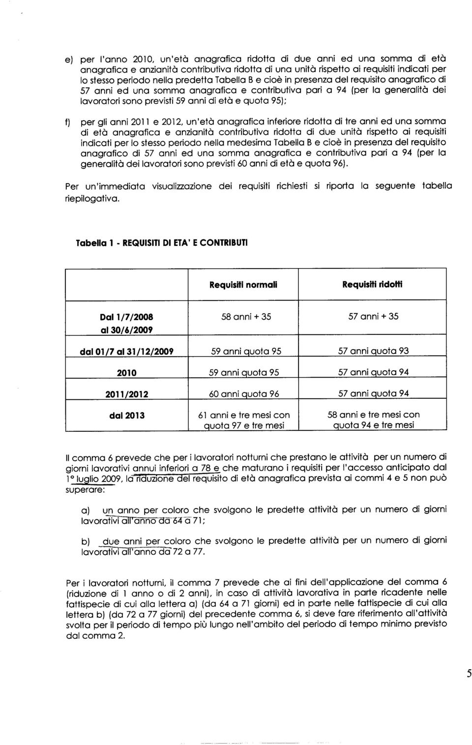 f) per gli anni 2011 e 2012, un'età anagrafica inferiore ridotta di tre anni ed una somma di età anagrafica e anzianità contributiva ridotta di due unità rispetto ai requisiti indicati per lo stesso