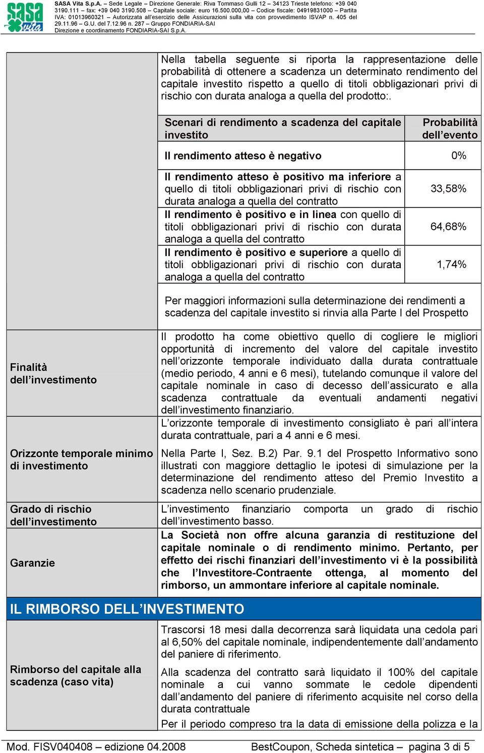 Scenari di rendimento a scadenza del capitale investito Probabilità dell evento Il rendimento atteso è negativo 0% Il rendimento atteso è positivo ma inferiore a quello di titoli obbligazionari privi