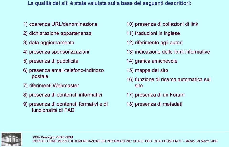 9) presenza di contenuti formativi e di funzionalità di FAD 10) presenza di collezioni di link 11) traduzioni in inglese 12) riferimento agli autori 13)