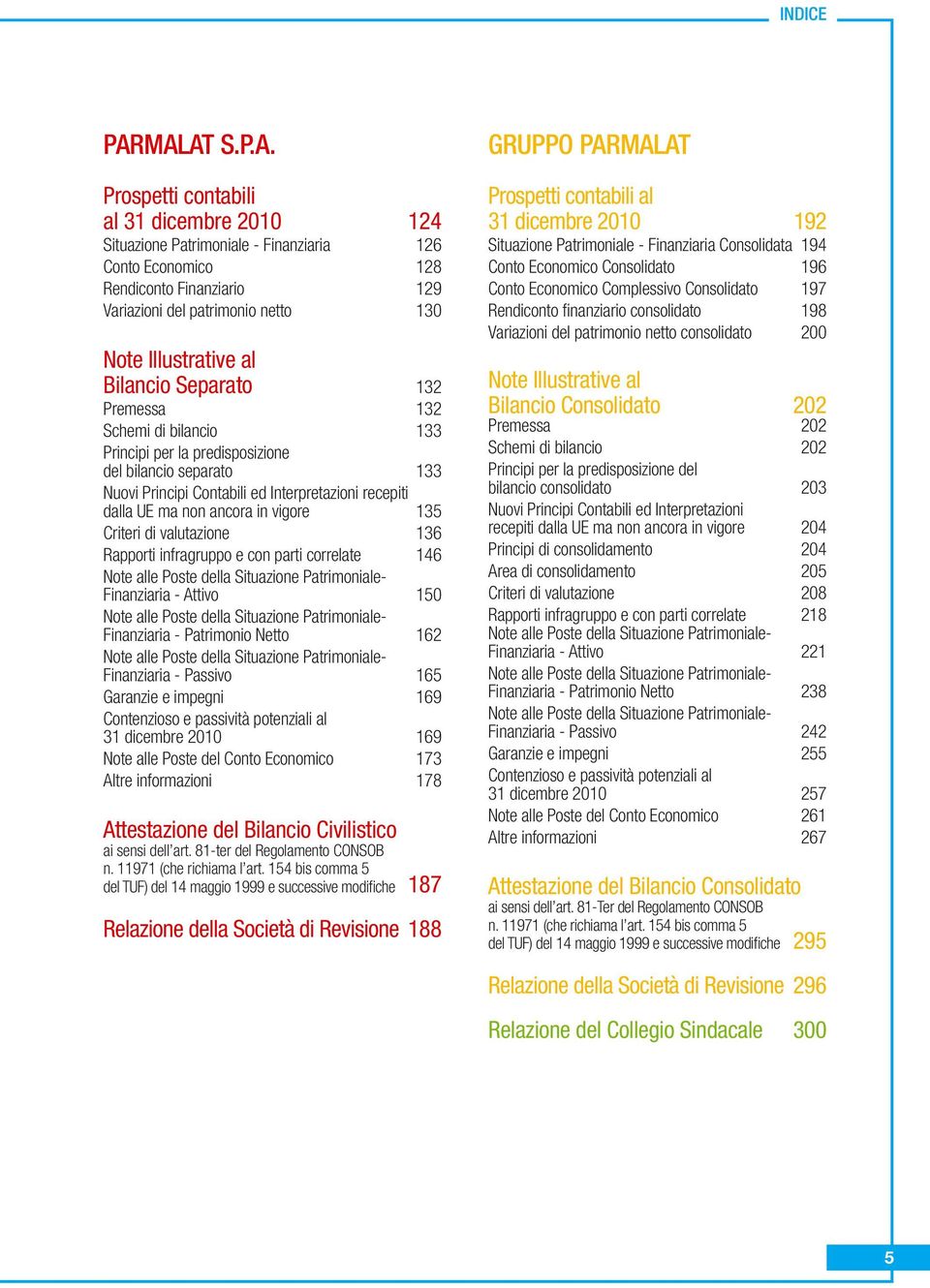 al Bilancio Separato 132 Premessa 132 Schemi di bilancio 133 Principi per la predisposizione del bilancio separato 133 Nuovi Principi Contabili ed Interpretazioni recepiti dalla UE ma non ancora in