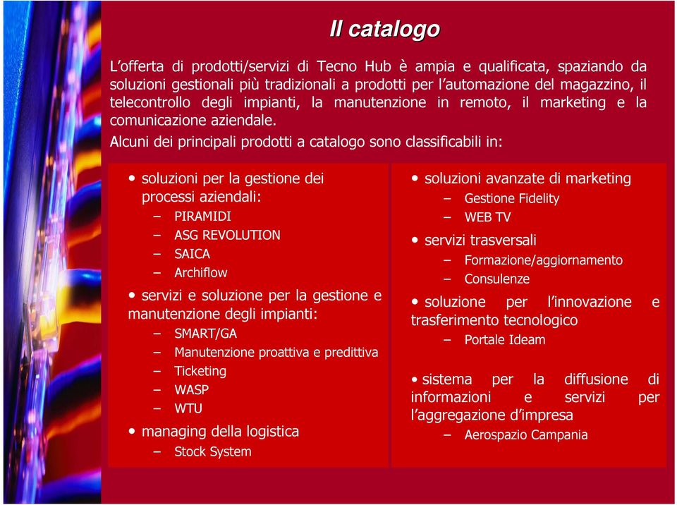 Alcuni dei principali prodotti a catalogo sono classificabili in: soluzioni per la gestione dei processi aziendali: PIRAMIDI ASG REVOLUTION SAICA Archiflow servizi e soluzione per la gestione e