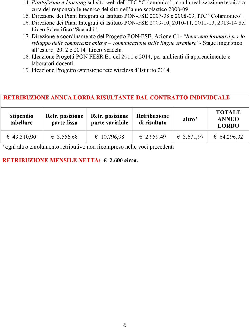 Direzione dei Piani Integrati di Istituto PON-FSE 2009-10, 2010-11, 2011-13, 2013-14 del Liceo Scientifico Scacchi. 17.