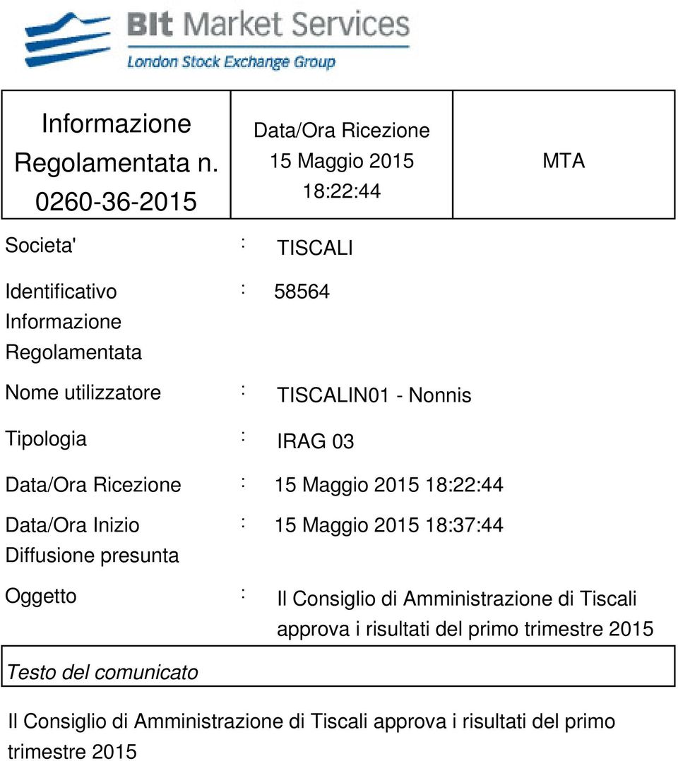 Nome utilizzatore : TISCALIN01 - Nonnis Tipologia : IRAG 03 Data/Ora Ricezione : 15 Maggio 2015 18:22:44 Data/Ora Inizio Diffusione