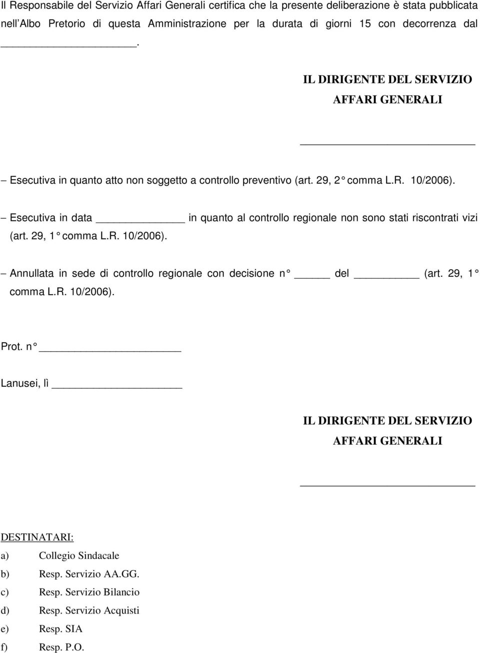 Esecutiva in data in quanto al controllo regionale non sono stati riscontrati vizi (art. 29, 1 comma L.R. 10/2006). Annullata in sede di controllo regionale con decisione n del (art.