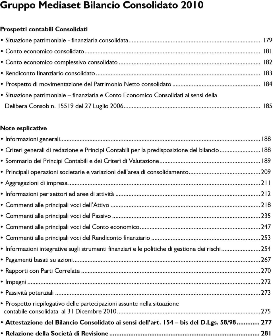 .. 184 Situazione patrimoniale finanziaria e Conto Economico Consolidati ai sensi della Delibera Consob n. 15519 del 27 Luglio 2006... 185 Note esplicative Informazioni generali.