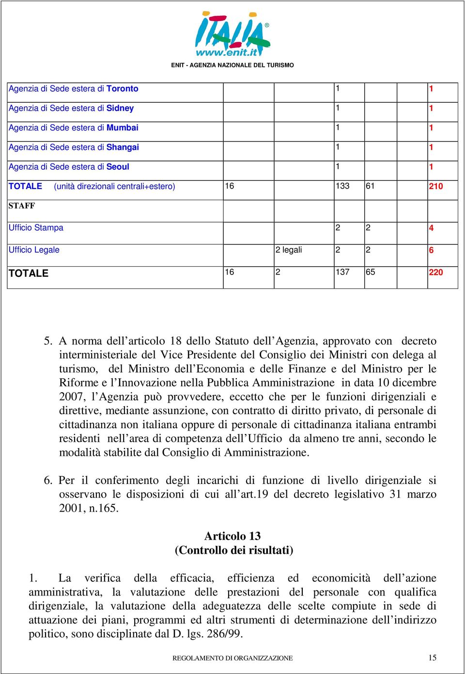 A norma dell articolo 18 dello Statuto dell Agenzia, approvato con decreto interministeriale del Vice Presidente del Consiglio dei Ministri con delega al turismo, del Ministro dell Economia e delle