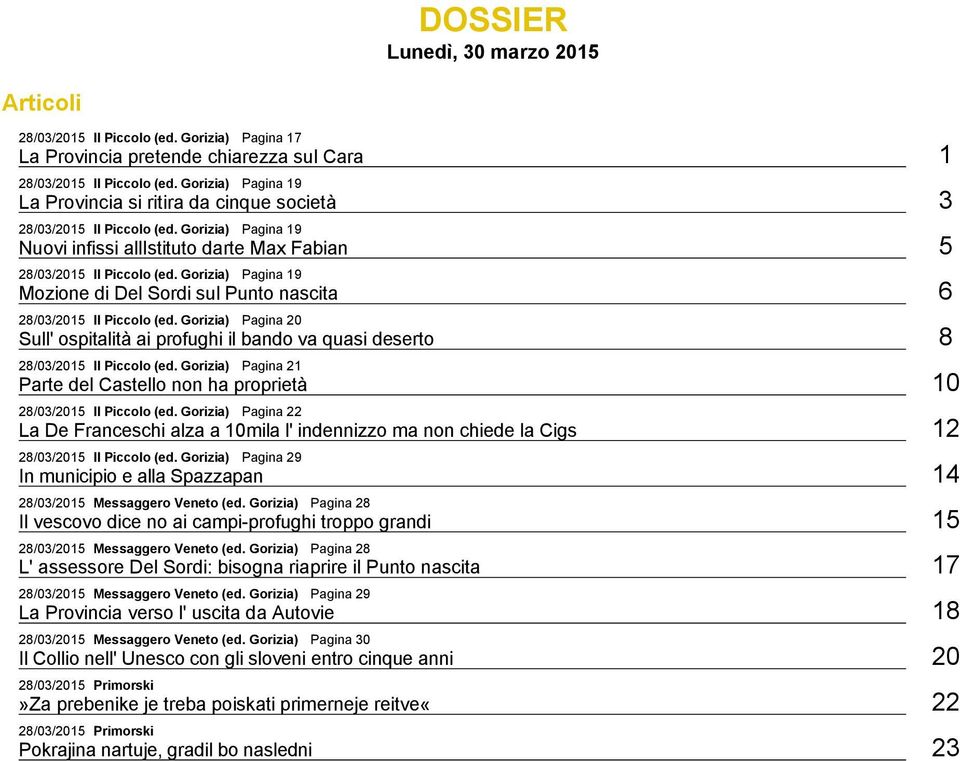 ) Pagina 19 Mozione di Del Sordi sul Punto nascita 6 28/03/2015 Il Piccolo (ed. ) Pagina 20 Sull' ospitalità ai profughi il bando va quasi deserto 8 28/03/2015 Il Piccolo (ed.