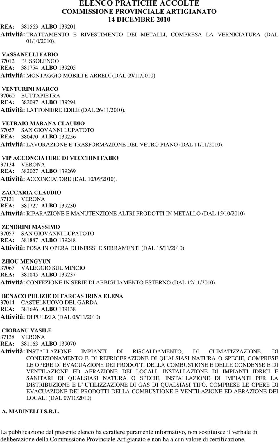 26/11/2010). 9(75$,20$5$1$&/$8',2 37057 SAN GIOVANNI LUPATOTO 5($ 380470 $/%2 139256 $WWLYLWj LAVORAZIONE E TRASFORMAZIONE DEL VETRO PIANO (DAL 11/11/2010).